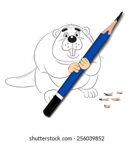 Funny cartoon beaver drawn on white paper chews realistic pencil.