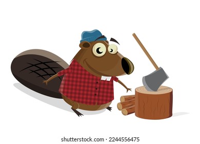 funny cartoon beaver in lumberjack outfit