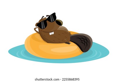 funny cartoon beaver on a floating tire