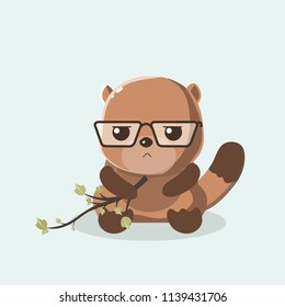Funny cartoon beaver on pastel background.
