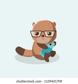 Funny cartoon beaver on pastel background.