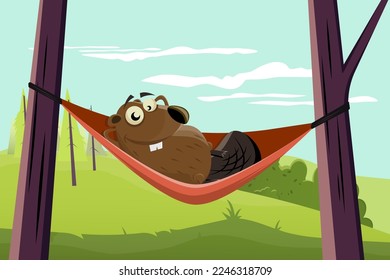 funny cartoon beaver relaxing in a hammock