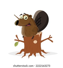 funny cartoon beaver sitting on a trunk