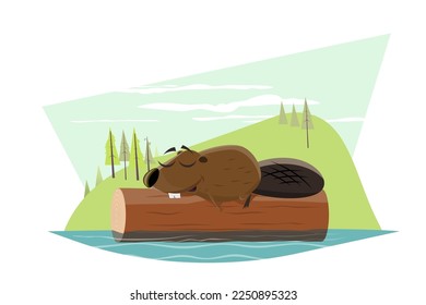 funny cartoon beaver sleeping on a tree log