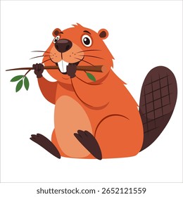 Um divertido castor de desenhos animados, símbolo do trabalho duro e do Canadá, está segurando um galho. Personagem animal selvagem bonito para um mascote, logotipo, ou ilustração infantil. Gráfico vetorial isolado em branco para fácil utilização como 