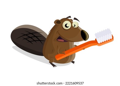 funny cartoon beaver with toothbrush