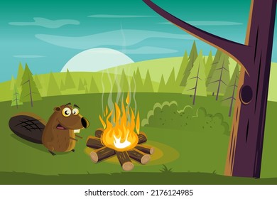 funny cartoon beaver warming up at a campfire