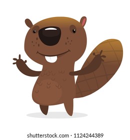 Funny cartoon beaver waving with his hands. Brown beaver mascot. Vector illustration
