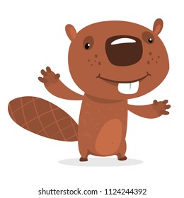 Funny cartoon beaver waving with his hands. Fluffy beaver character with big teeth presenting. Brown beaver mascot. Vector illustration