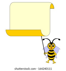 A funny cartoon bee with a big blank paper. Vector-art illustration on a white background