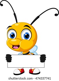 funny cartoon bee with blank sign