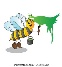 Funny cartoon bee with a brush and paints - vector illustration