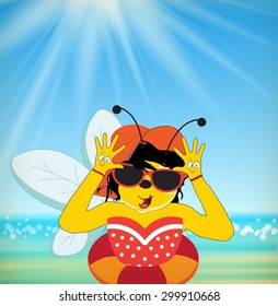 Funny cartoon bee with drawing smiley on hands in sea. Summer vacation concept