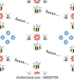 funny cartoon bee and flowers.  seamless pattern
