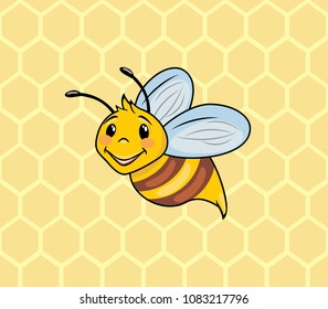 Funny cartoon bee on the background of honeycombs. Vector