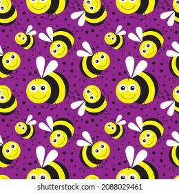 Funny cartoon bee on bright background. Seamless pattern. Vector illustration.