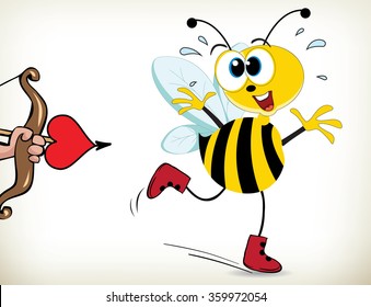 Funny cartoon bee running away from love
