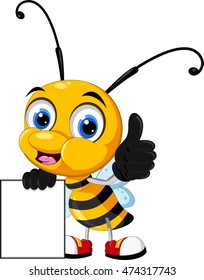 funny cartoon bee thumb up holding blank sign