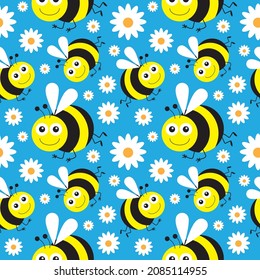 Funny cartoon bee and white daisy flowers on bright background. Seamless pattern. Vector illustration.