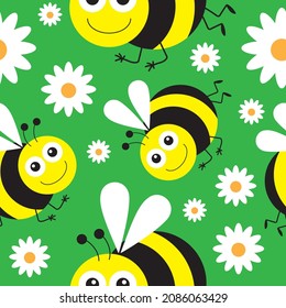 Funny cartoon bee and white daisy flowers on bright background. Seamless pattern. Vector illustration.