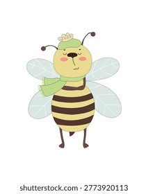 Funny cartoon bee in a winter outfit. Vector illustration of a bee with folded arms, a hat, and a scarf.