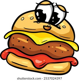 Funny Cartoon Beef Burger Or Cheeseburger Logo Illustration