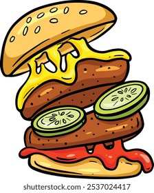 Ilustración divertida del logotipo de la hamburguesa de la carne o de la hamburguesa de queso