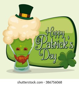 Funny cartoon beer with a leprechaun face and hat in front of St. Patrick's Day sign and a lucky four leaf clover.