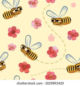 Funny cartoon bees fly among pink and red flowers. Collect pollen to make honey. Seamless pattern. Natural landscape with insects. Vector.