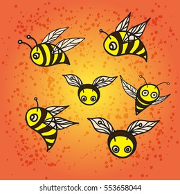 funny cartoon bees on orange background for your designs: poster,print, invitation, greeting card. vector illustration..