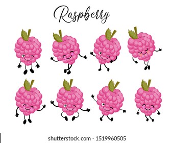 Funny cartoon berries. Raspberry character. Set of poses