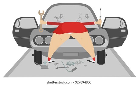 Funny cartoon big bottom women repairs a car 