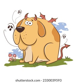 Funny cartoon big dog in a halloween devil costume. Scary funny character for halloween. Vector illustration of pets for the holiday.