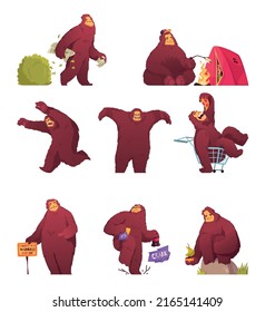 Funny cartoon bigfoot character set with hairy creature doing various activities isolated vector illustration