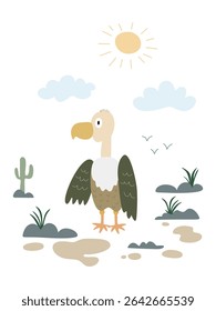 Funny cartoon bird in desert, vector illustration for kids poster. Cartoon vulture in desert landscape