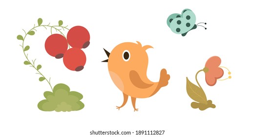 Funny cartoon bird with flower, berries and and butterfly on a white background. Childrens vector illustration for design