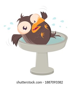 Funny Cartoon Bird Having Fun In Bird Bath