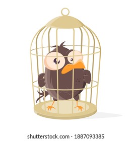 funny cartoon bird is locked in a bird cage
