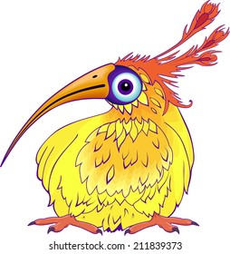 Funny cartoon bird with long beak and long feathers on it's head