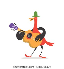 Funny Cartoon Bird Plays The Guitar