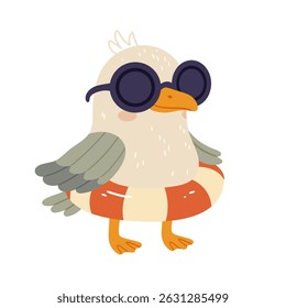 Funny cartoon bird wearing round sunglasses and a swimming ring. Cute flat vector summer character perfect for beach-themed designs, children’s products, vacation prints,