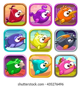 Funny cartoon birds app icons, game ui design elements, vector app store assets