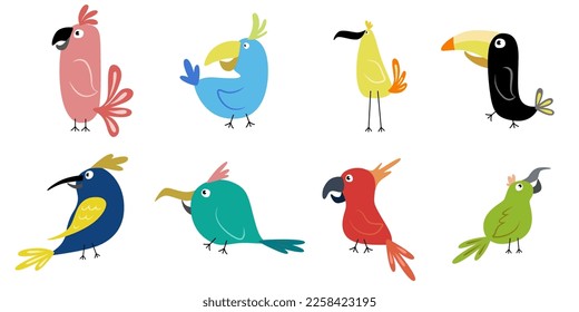 Funny cartoon birds. Collection of illustration  parrots