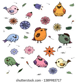 funny cartoon birds and flowers of pastel tones on a white background