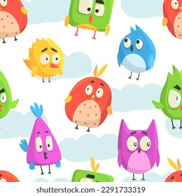 Funny Cartoon Birds Flying in the Sky with Clouds Vector Seamless Pattern