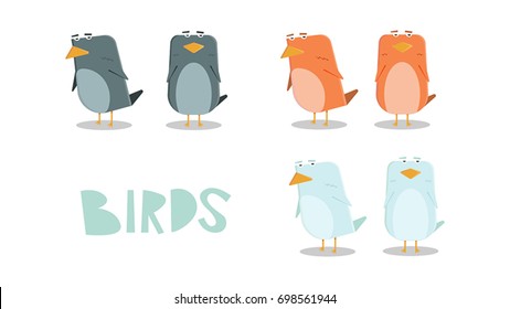 Funny cartoon birds front and side view