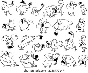 Funny cartoon birds with phones set, vector illustration black sketch comic characters collection