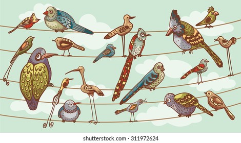 Funny cartoon birds sitting on a wire like a family. Set of childish birds. 