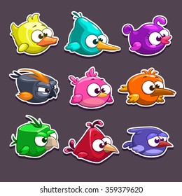 Funny cartoon birds stickers, vector game elements