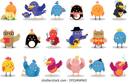 Funny Cartoon Birds Tweeting and Cooking Vector Set